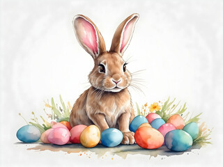 Watercolor illustration of a cute easter bunny and easter eggs