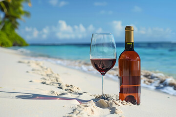 a relaxing view of a beach with close up shot of wine bottle and and two sleek glasses