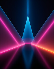 Neon glowing purple and blue triangular shapes on a black background. Product showcase background, wallpaper, backdrop.
