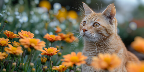 Close up of a cat exploring a field of vibrant flowers banner