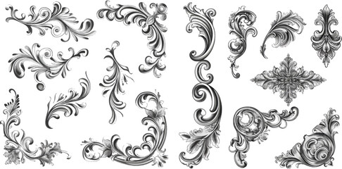 Naklejka premium Ornamental curls, swirls divider and filigree ornaments vector illustration set
