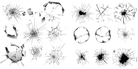 Crack shattered mirror or bullet hole. Vector illustration isolated icons set - obrazy, fototapety, plakaty
