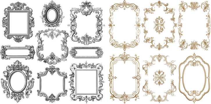 Decorative wedding frames, antique museum picture borders or deco devider. Isolated icons vector set