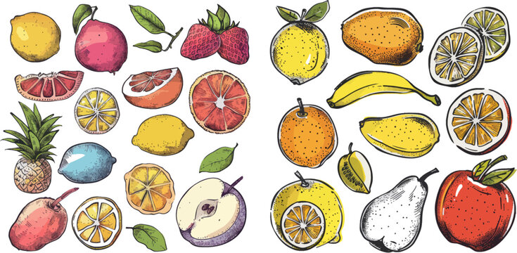 Natural tropical fruit, doodles citrus orange and vitamin lemon