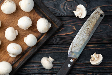 Many raw mushroom champignon  on wooden background - 766287112