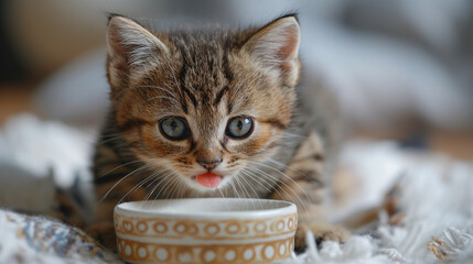 The kitten drinks milk from a bowl.