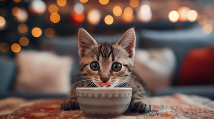 The kitten drinks milk from a bowl. - Powered by Adobe