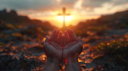 Woman's hand with cross. Concept of hope, faith, christianity, religion, church online. religion Concept - obrazy, fototapety, plakaty