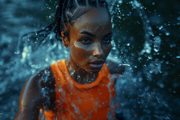 A woman wearing an orange shirt splashes water on her face dynamic shot of runner