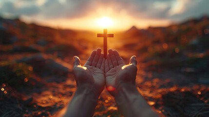Woman's hand with cross. Concept of hope, faith, christianity, religion, church online. religion Concept - obrazy, fototapety, plakaty