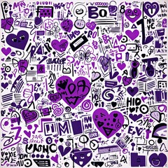 White paper background with purple letters and glyphs, in the style of mr. doodle, sparklecore