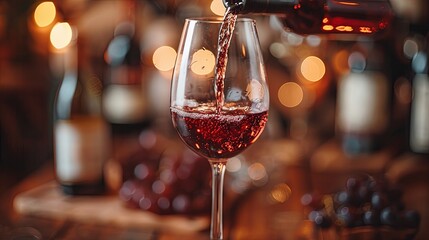 Pouring red wine into the glass against rustic background. Pour alcohol, winery concept. Made with red grapes. Long cured, luxurious drink. - obrazy, fototapety, plakaty