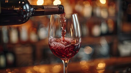 Pouring red wine into the glass against rustic background. Pour alcohol, winery concept. Made with...