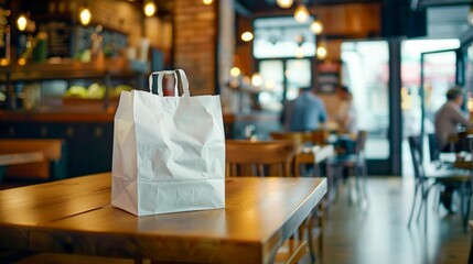 Takeout Bag on a Cafe Table: Ready for Sustainable Dining. Generative ai