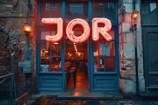 Fototapeta A storefront featuring a bright neon sign that reads JOR in capital letters