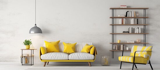 A close up of a stylish yellow and white couch with a matching chair placed in a well-lit room - obrazy, fototapety, plakaty