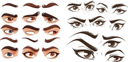Fototapeta na wymiar Cartoon eyebrows shapes, thin, thick and curved eyebrows