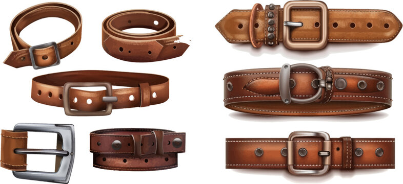 Brown leather belts with steel buckles and metal fittings