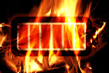 Battery fire, illustration of Li-Ion battery in front of fireplace
