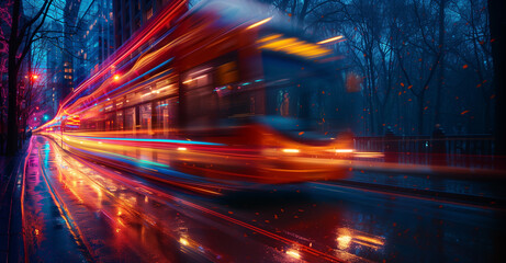 A red bus is in motion on a street beside a dense forest  banner copy space