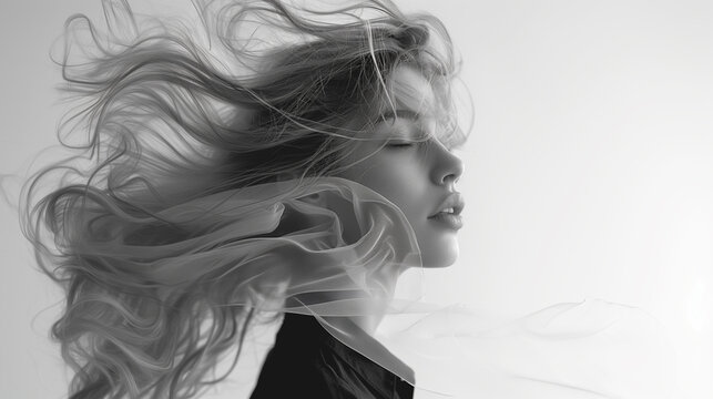 A woman standing with her hair blowing in the wind, captured with motion blur in a white studio