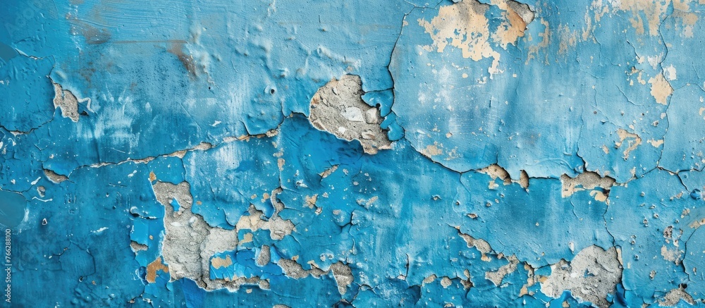 Poster a close up of a wall painted in shades of azure and electric blue, with peeling paint resembling a n