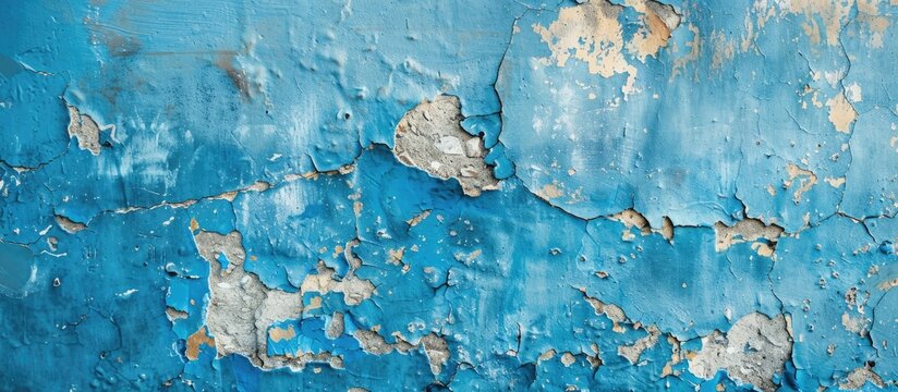 A close up of a wall painted in shades of azure and electric blue, with peeling paint resembling a natural landscape art piece
