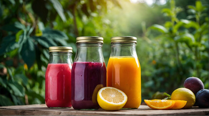 detox cocktail, smoothie for weight loss from fruits and vegetables against the backdrop of nature