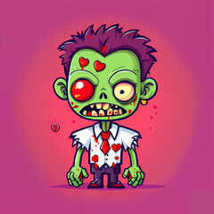This colorful, cartoonish zombie wears a bowtie and a suit. Its green skin contrasts with its red hair and yellow eyes. The expressive face features drooling and a heart-shaped mouth. 