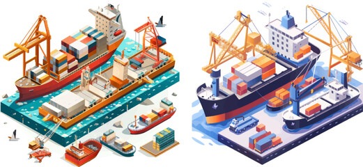 Isometric seaport cargo service, cargo ship barge, container and crane - obrazy, fototapety, plakaty