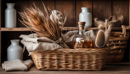 Wicker Basket with linen inside, on a shelf with a rustic bottle and dried teasel plant
