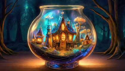 Glass vase with a mystical fairy village garden inside