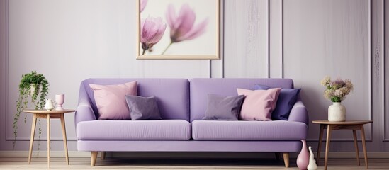 A cozy living room with a vibrant purple couch and a beautiful painting hanging on the wall,...