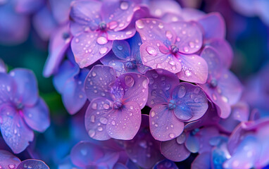 A close up of a bunch of purple flowers with droplets of water on them