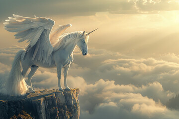 a white unicorn standing on top of a cliff with flying clouds in background ready to take a flight - obrazy, fototapety, plakaty