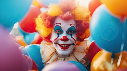 funny clown on bright background with festive balloons - obrazy, fototapety, plakaty