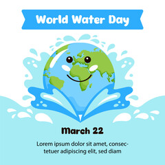 Save water. World Water Day social media post template in cartoon style. Cute character planet Earth. Vector illustration