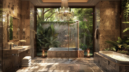 A luxurious bathroom with a crystal chandelier, a marble-tiled shower, and a deep soaking tub overlooking a private garden