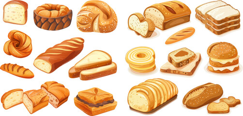 Bread loaf and toasts isolated vector illustration set