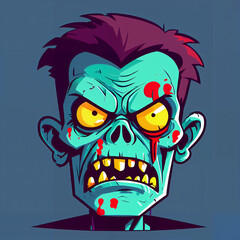 This colorful, cartoonish zombie wears a bowtie and a suit. Its green skin contrasts with its red hair and yellow eyes. The expressive face features drooling and a heart-shaped mouth. 