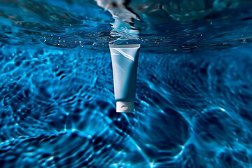 A white tube cream floating underwater. Commercial photo of a cosmetic product, with ripples and reflections around it. The blue water background accentuates the hydrating effect of the cosmetics. - 766289916