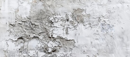 A detailed shot of a crumbling white concrete wall with peeling paint, resembling a freeform abstract painting on bedrock canvas
