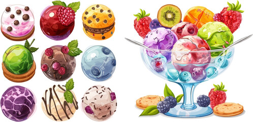 Colorful balls with different tastes, cookies and fruit