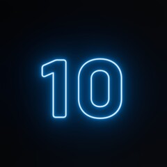 Blue neon colored ten or 10 isolated over black background. 3D rendering neon number.
