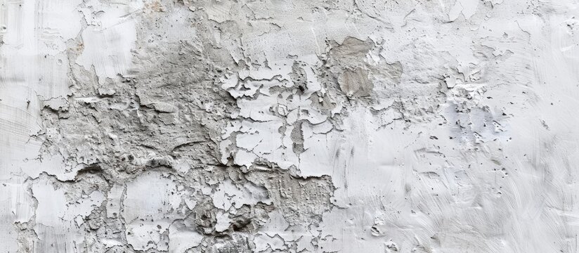 A detailed shot of a crumbling white concrete wall with peeling paint, resembling a freeform abstract painting on bedrock canvas