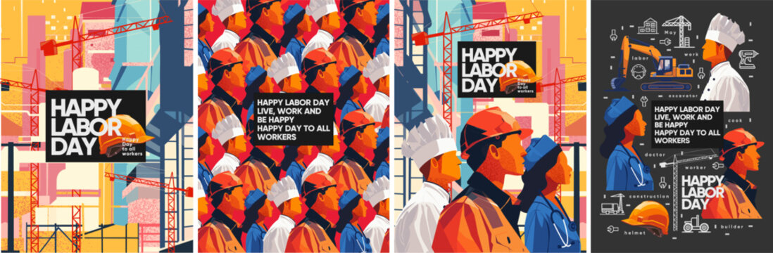 Labor Day. Vector illustration of working people with different professions: builder, cook, doctor, construction background, pattern, construction helmet, excavator for poster, greeting card or flyer