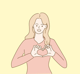 Young woman making heart sign with both hands. Love and support concept. Hand-drawn, Vector Illustration.