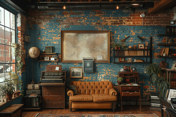 Naklejka premium A living room filled with furniture against a brick wall vintage