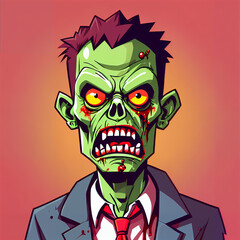 This colorful, cartoonish zombie wears a bowtie and a suit. Its green skin contrasts with its red hair and yellow eyes. The expressive face features drooling and a heart-shaped mouth. 