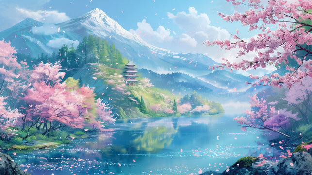 Digital anime style art painting of snow mountain landscape with river and cherry blossom tree